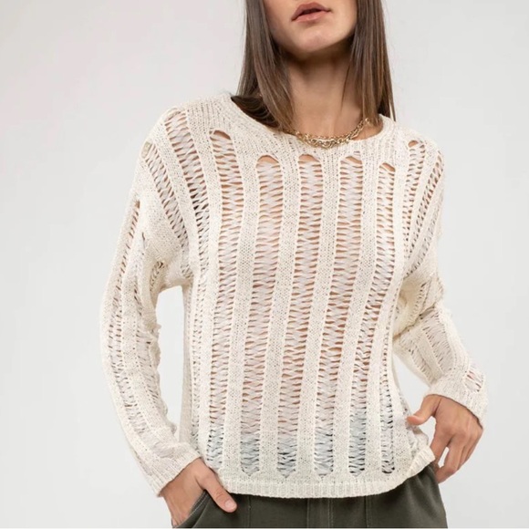 Sweet Wanderer Sweaters - Sweet Wanderer Boho Cottagecore Crochet Top Cream Tan XL Grunge Distressed